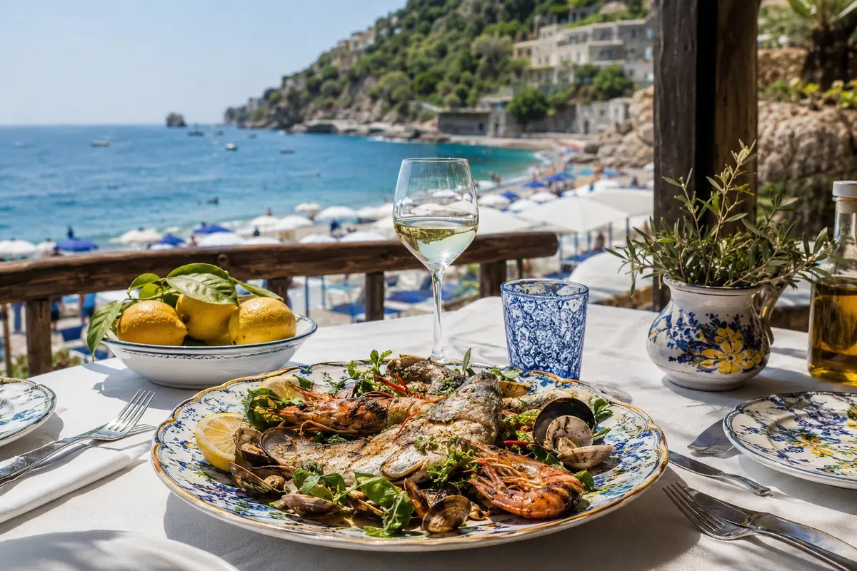 Mesa à beira-mar com prato de frutos do mar em Amalfi