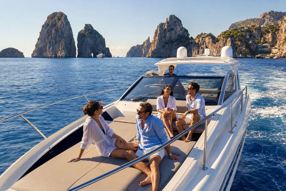Pessoas elegantes em passeio de iate a Capri